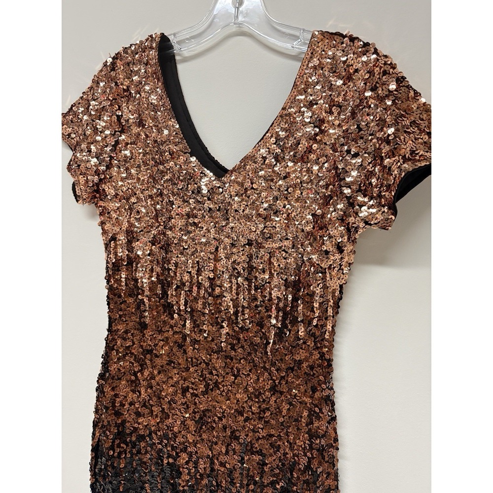 Ombre Sequin Bodycon Dress V-Neck Cap Sleeve Copper Bronze Black Cocktail Midi - Picture 4 of 10